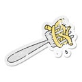 A creative distressed sticker of a cartoon spaghetti on fork