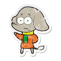 A creative distressed sticker of a cartoon unsure elephant in scarf