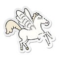 A creative distressed sticker of a cartoon winged horse