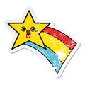 A creative distressed sticker of a cute cartoon shooting rainbow star