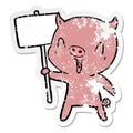 A creative distressed sticker of a happy cartoon pig with sign post Royalty Free Stock Photo