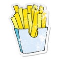 A creative distressed sticker of a quirky hand drawn cartoon french fries