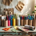A creative DIY workspace features an array of colored pencils and markers organized in paper tube holders Royalty Free Stock Photo
