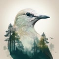 Creative Double Exposure Bird and Serene Forest Scene. AI Content Generation. Royalty Free Stock Photo