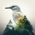 Creative Double Exposure Bird and Serene Forest Scene. AI Content Generation. Royalty Free Stock Photo