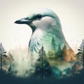 Creative Double Exposure Bird and Serene Forest Scene. AI Content Generation. Royalty Free Stock Photo
