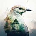 Creative Double Exposure Bird and Serene Forest Scene. AI Content Generation. Royalty Free Stock Photo