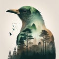 Creative Double Exposure Bird and Serene Forest Scene. AI Content Generation. Royalty Free Stock Photo