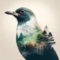 Creative Double Exposure Bird and Serene Forest Scene. AI Content Generation. Royalty Free Stock Photo