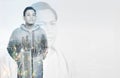 Creative double exposure image of young man standing overlay wit Royalty Free Stock Photo