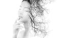 Creative double exposure of portrait beautiful fashion of woman isolated on white background Royalty Free Stock Photo