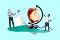 Creative drawing collage of old man shooting bow arrow apple core globe world little boy child finger point dotted line