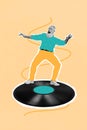 Creative drawing collage picture of active positive cool funny old man dancing vinyl recorder have fun enjoy carefree Royalty Free Stock Photo