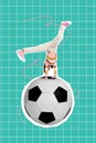 Creative drawing collage picture of active small kid handstand have fun football lesson school day physical training