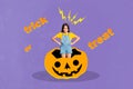 Creative drawing collage picture of angry irritated small girl halloween party pumpkin lumberjack cute carved face promo