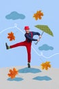 Creative drawing collage picture of cheerful dancing gentleman holding umbrella walking outdoors park enjoy autumn Royalty Free Stock Photo