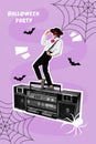 Creative drawing collage picture of dancing young mariachi caballero halloween dead costume zombie retro vintage tape