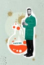 Creative drawing collage picture of doctor scientist .laboratory assistant holding test tubes big glass flask icon Royalty Free Stock Photo