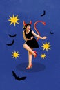 Creative drawing collage picture of energetic cool funky young woman demon devil horns tail dress heels dancing Royalty Free Stock Photo