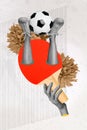 Creative drawing collage picture of football player ball sportive healthy lifestyle activity pingpong tennis racket hand