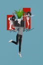 Creative drawing collage picture of funny female frame instead head plant hold megaphone weird freak bizarre unusual