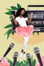 Creative drawing collage picture of gorgeous funky beautiful woman famous singer retro vintage boombox microphones
