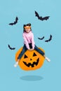 Creative drawing collage picture of happy excited little girl ride flying halloween pumpkin lumberjack carving cute face