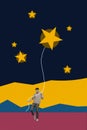 Creative drawing collage picture of little man hold string star make wish night sky career dream motivation fantasy