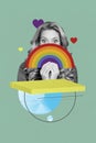 Creative drawing collage picture of rainbow dreaming surprised female heart love like concept weird freak bizarre Royalty Free Stock Photo