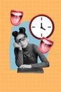 Creative drawing collage picture of tired exhausted female scolding boss deadline clock time fantasy billboard comics