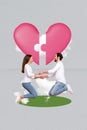 Creative drawing collage picture of young couple hold hands jump puzzle heart date valentine day concept bizarre unusual Royalty Free Stock Photo