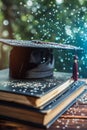 Creative E-Learning Concept with Graduation Cap, Books Surrounded by Sparkling Lights. Generative AI