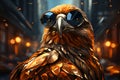 Creative eagle wearing sunglasses, in glowing neon colorful style on blurred background