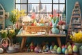 Creative Easter craft station with supplies for