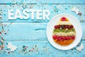 Creative Easter food background - Easter egg pancakes with fruit