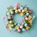 Creative Easter layout made of colorful painted eggs and flowers on pastel blue background Royalty Free Stock Photo