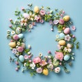 Creative Easter layout made of colorful painted eggs and flowers on pastel blue background Royalty Free Stock Photo