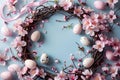 Creative Easter layout made of colorful painted eggs and flowers on pastel blue background Royalty Free Stock Photo