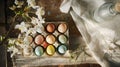 Creative Easter themed composition on rustic art studio tabletop with eggs, paint, brush, egg carton, vase with flowers and linen Royalty Free Stock Photo