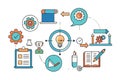 creative educational infographic with circular icons of books, lightbulb, gears, and graphs symbolizing knowledge, progress, and