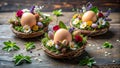 Creative egg decoration using natural materials and flowers in rustic baskets during springtime festivities. Generative AI Royalty Free Stock Photo