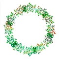 Creative element for design. Vibrant hand painted watercolor wreath of green leaves. abstract herbal frame. Botanical detail