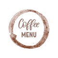 Creative emblem, template for coffee menu as brown circle with lettering on white background
