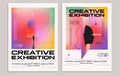 Creative exhibition flyer or poster concepts with abstract geometric shapes and human silhouettes on bright gradient background.