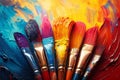 Creative explosion Colorful background adorned with artist brushes and paints