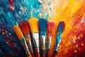 Creative explosion Colorful background adorned with artist brushes and paints