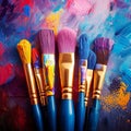 Creative explosion Colorful background adorned with artist brushes and paints