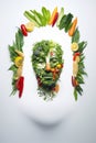 Creative face made of vegetables and herbs. Healthy food concept. Indian.