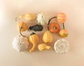 Creative fall layout made of pumpkins. Autumn, Halloween or Thanksgiving season concept. Flat lay