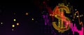 Creative falling forex chart with golden dollar icon on purple dark bokeh grid background. Trade, money, finance and crisis